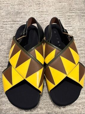 Marni Yellow, Brown & Black Geometric Leather Slingback Sandals size 8.5 eur 39